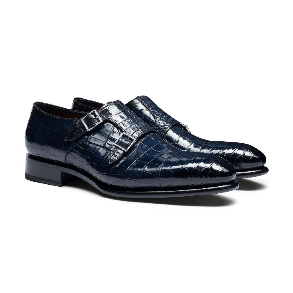 Santoni Doppia fibbia da uomo in alligatore blu Consegna Veloce