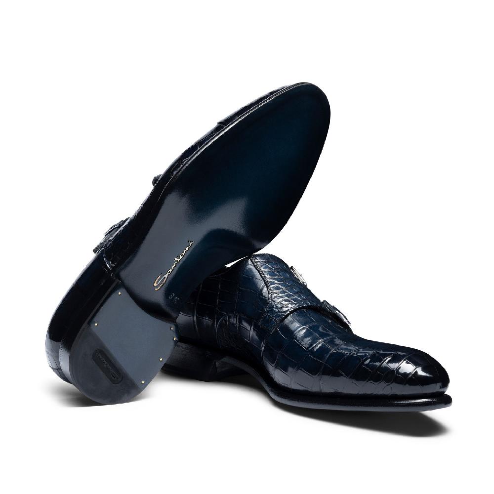 Santoni Doppia fibbia da uomo in alligatore blu Consegna Veloce