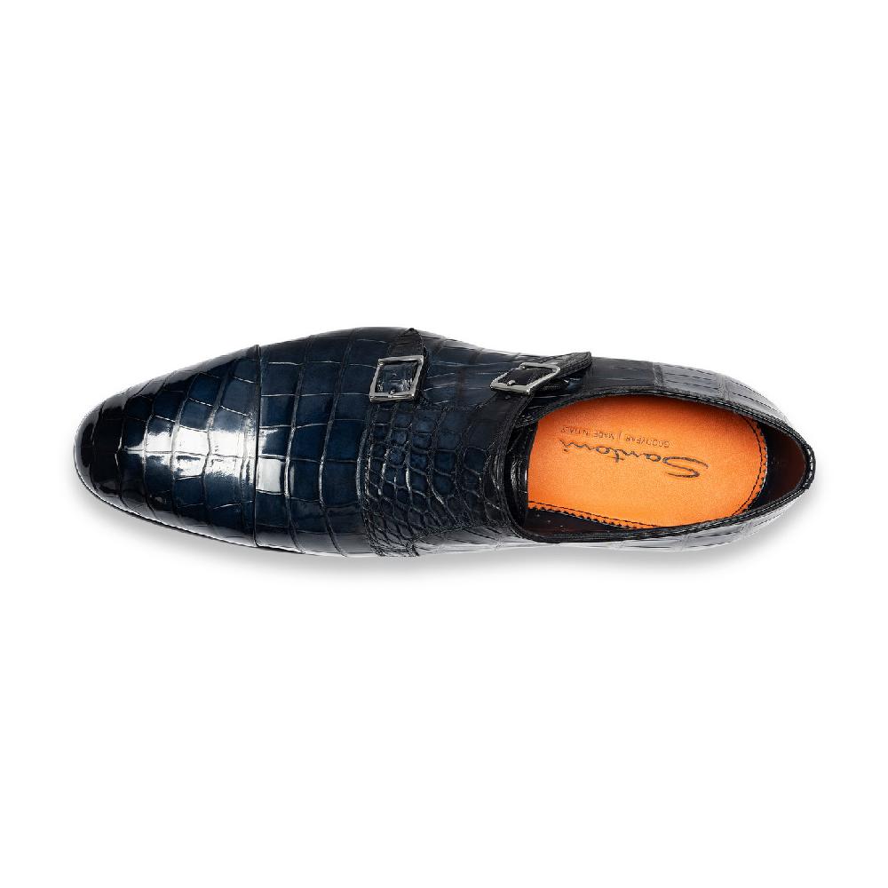 Santoni Doppia fibbia da uomo in alligatore blu Consegna Veloce