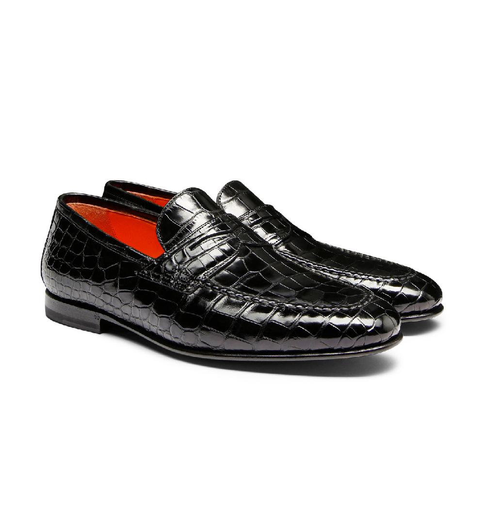 Santoni Mocassino penny da uomo in alligatore nero Fino Al -60%