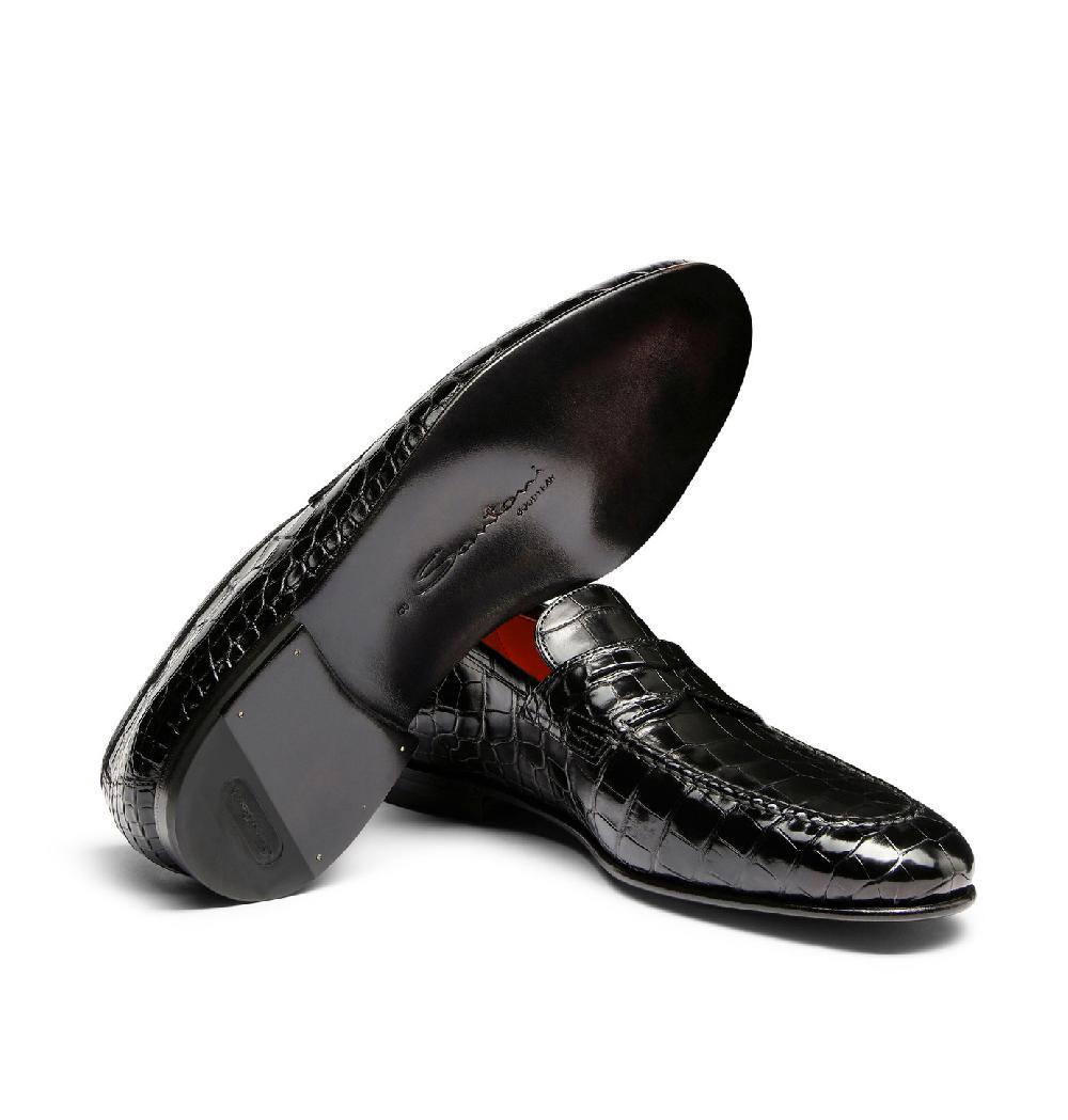 Santoni Mocassino penny da uomo in alligatore nero Fino Al -60%