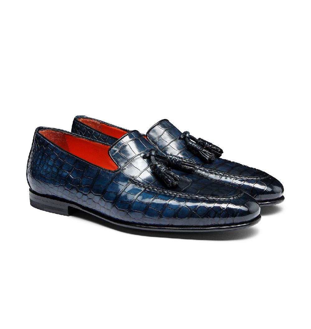 Santoni Mocassino con nappe da uomo in alligatore blu Offerta