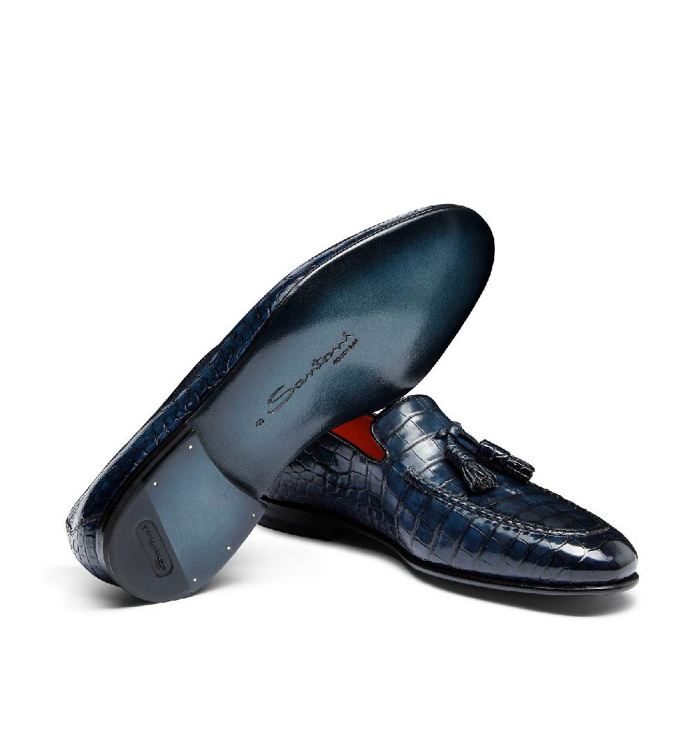 Santoni Mocassino con nappe da uomo in alligatore blu Offerta