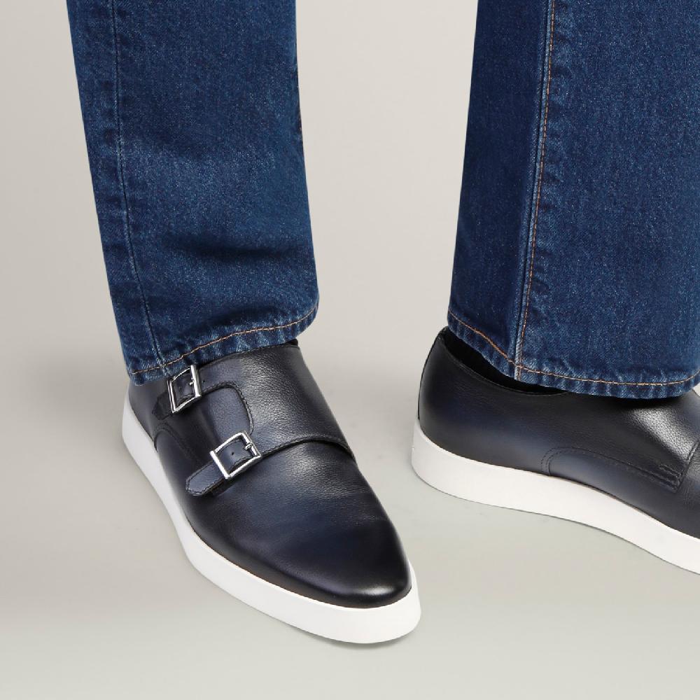 Santoni Doppia fibbia da uomo in pelle blu Hotsell