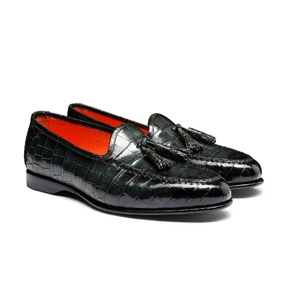 Santoni Mocassino Andrea con nappe da uomo in alligatore verde Vendita Calda