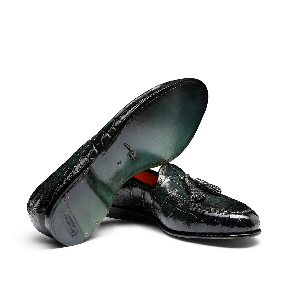 Santoni Mocassino Andrea con nappe da uomo in alligatore verde Vendita Calda