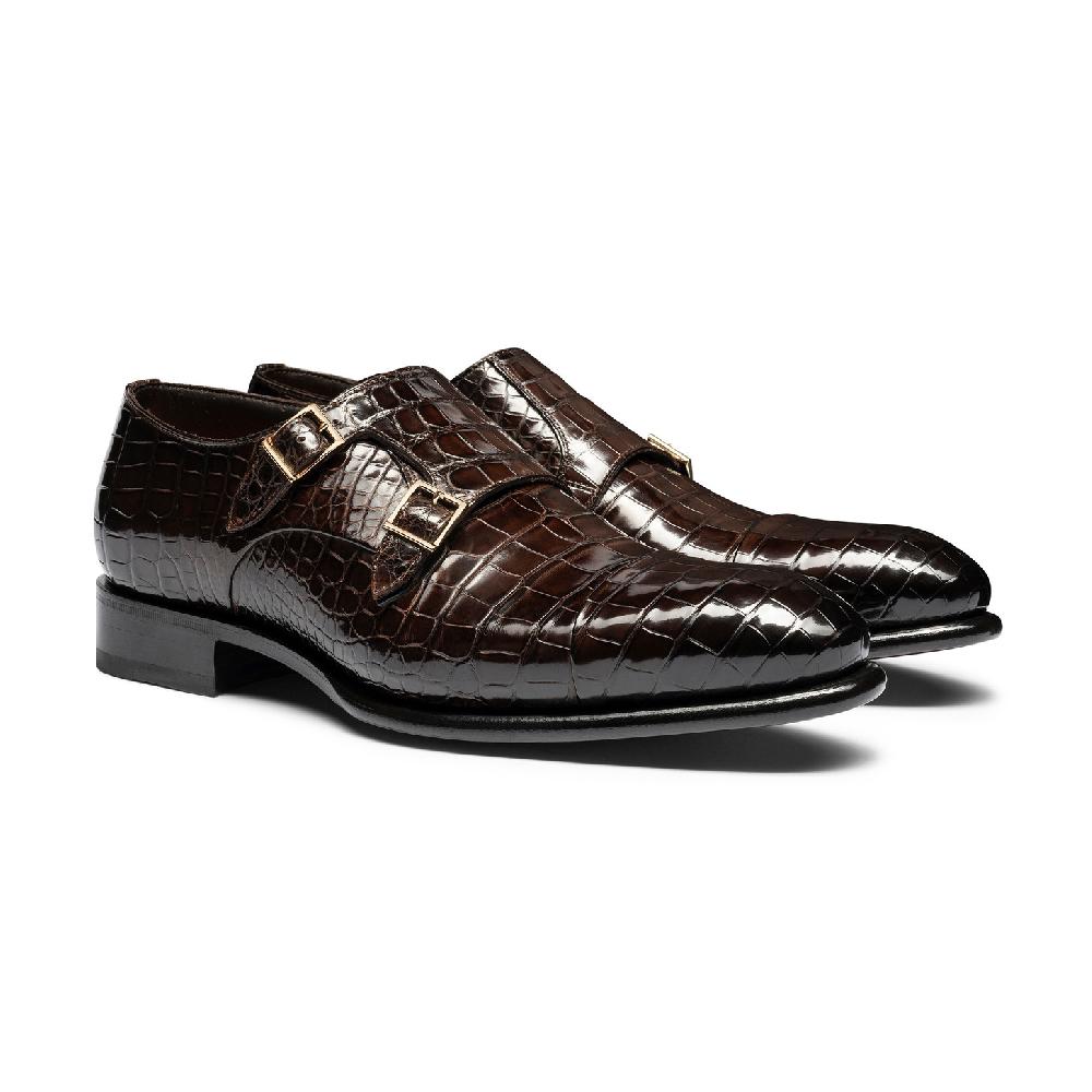 Santoni Doppia fibbia da uomo in alligatore testa di moro Saldi Di Fabbrica