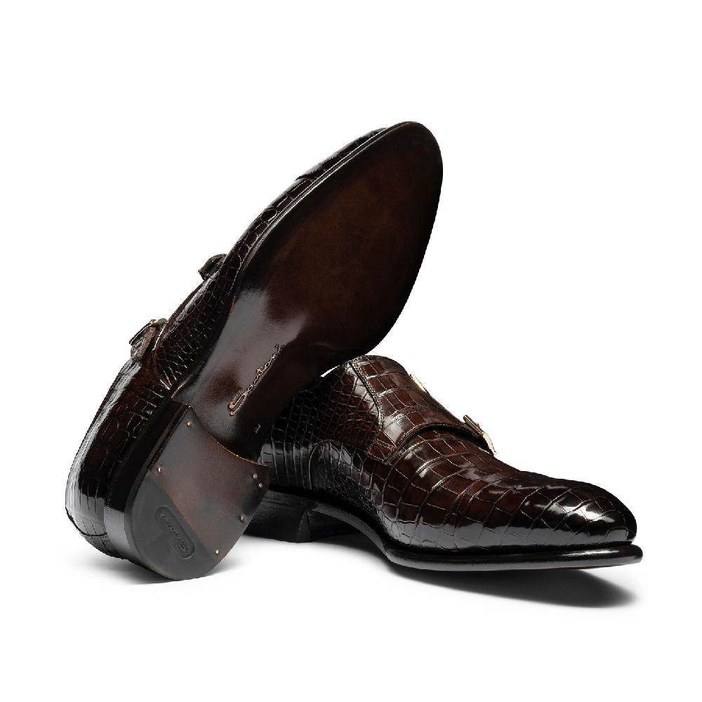 Santoni Doppia fibbia da uomo in alligatore testa di moro Saldi Di Fabbrica