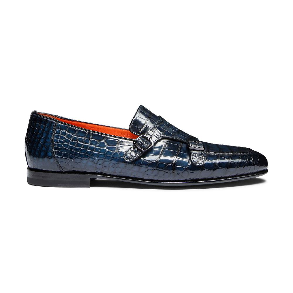 Santoni Mocassino con doppia fibbia da uomo in alligatore blu