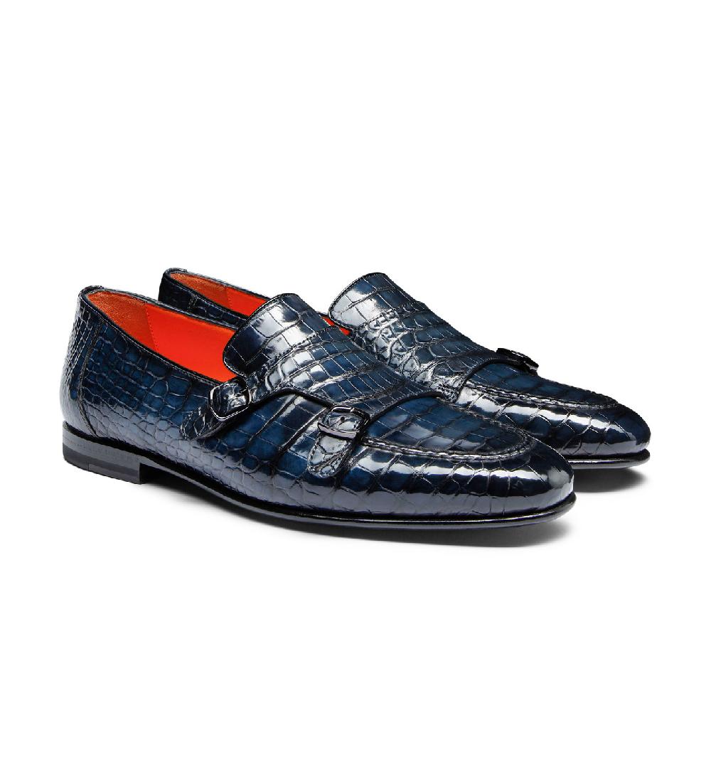Santoni Mocassino con doppia fibbia da uomo in alligatore blu Vendite Flash