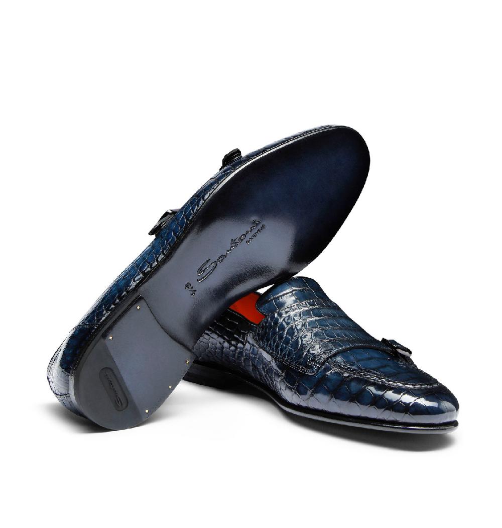 Santoni Mocassino con doppia fibbia da uomo in alligatore blu Vendite Flash