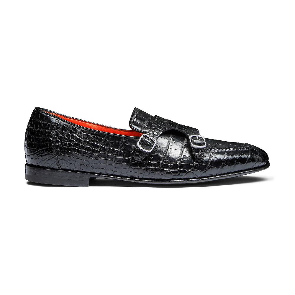 Santoni Mocassino con doppia fibbia da uomo in alligatore nero