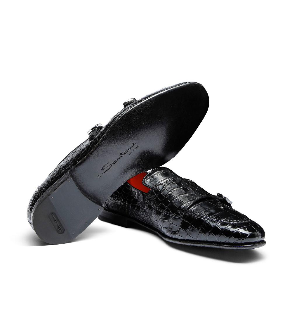 Santoni Mocassino con doppia fibbia da uomo in alligatore nero Moda