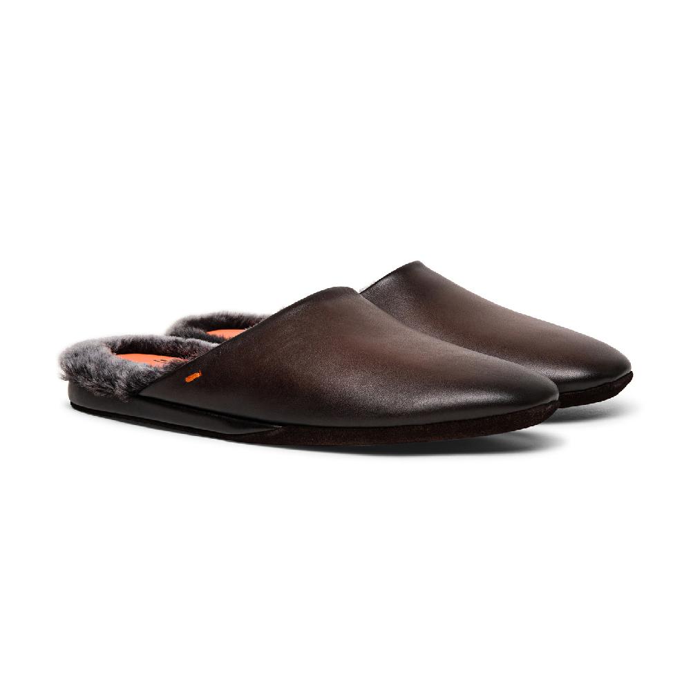 Santoni Pantofola da uomo in pelle anticata marrone Nuovo