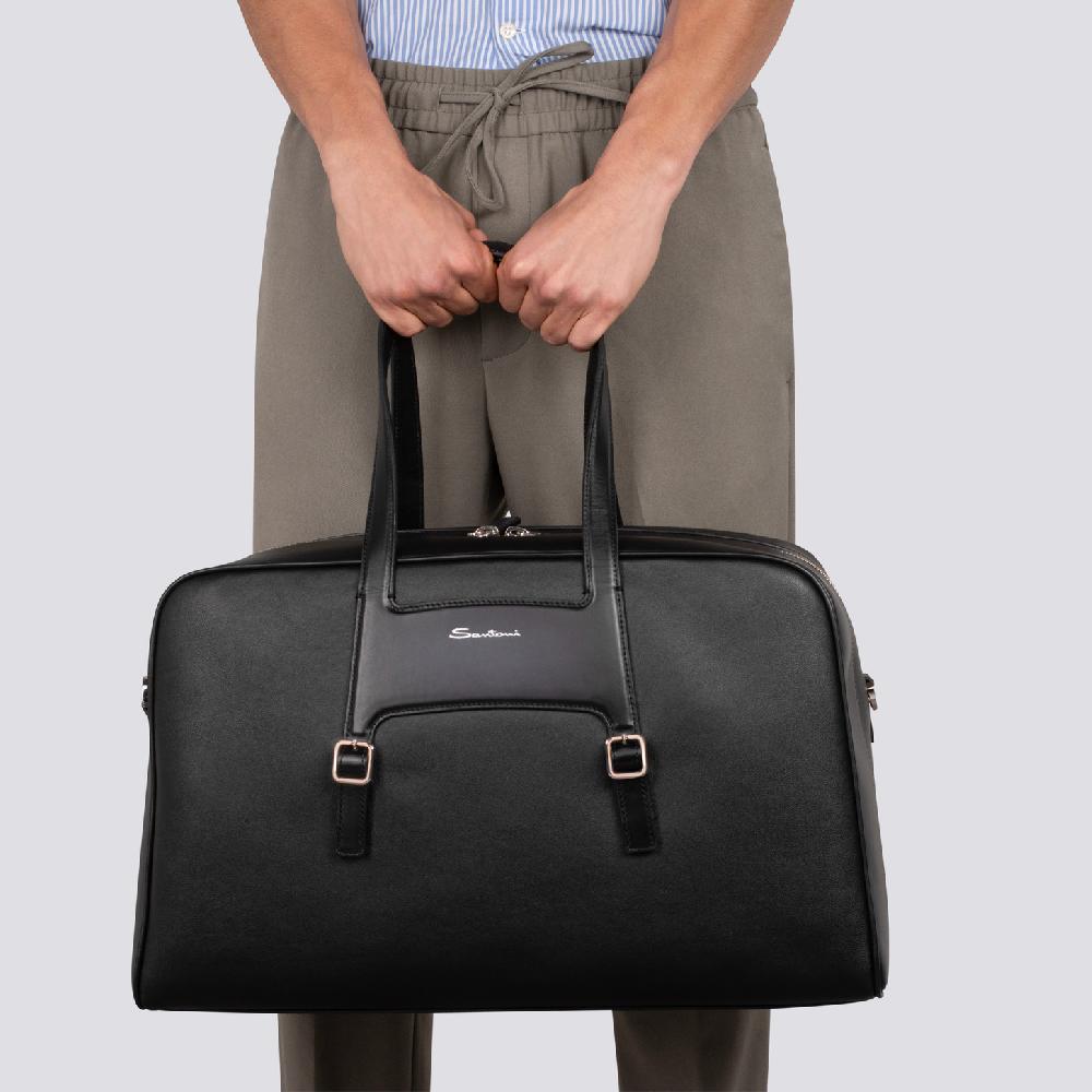Santoni Borsa da viaggio in pelle nera Spedizione Gratuita