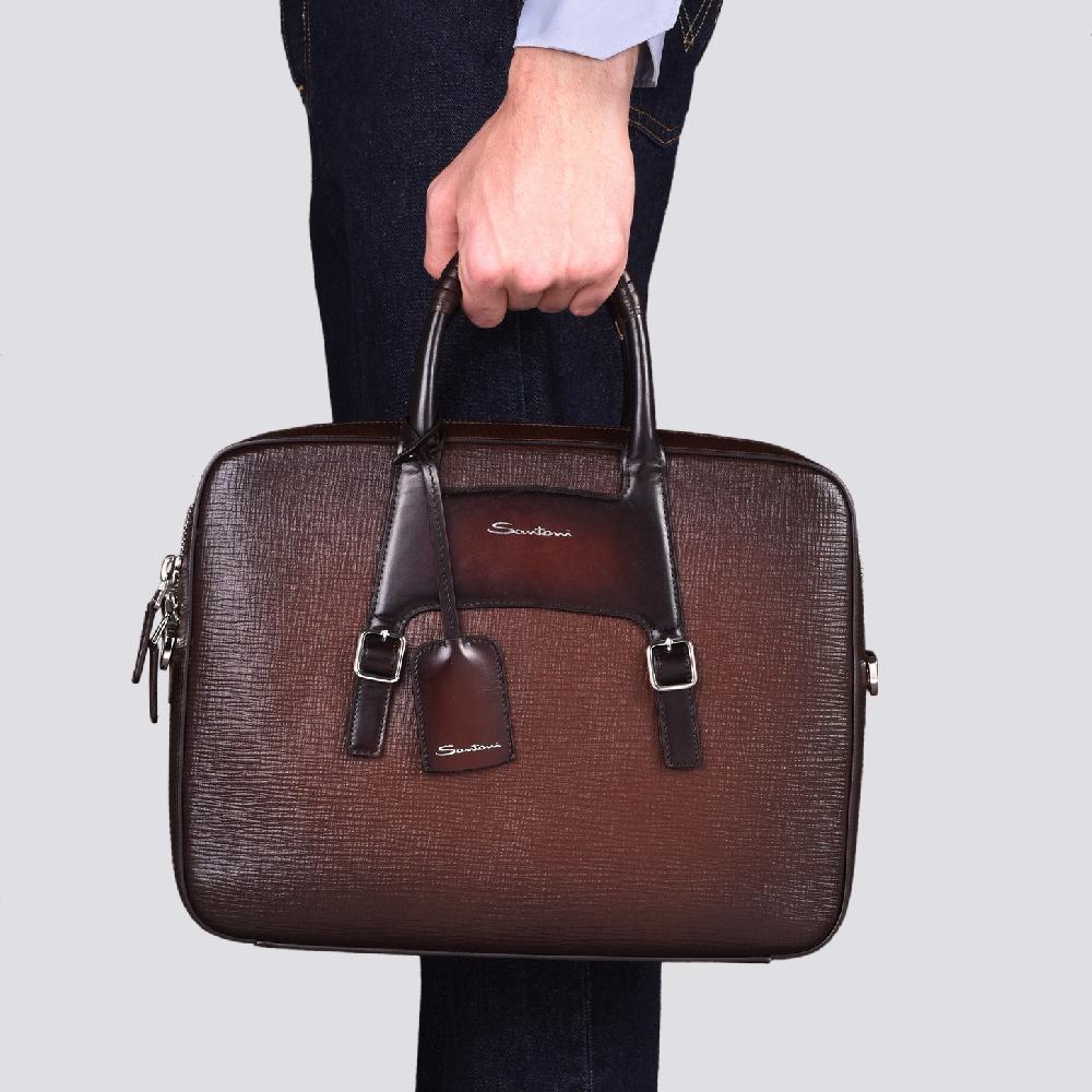 Santoni Briefcase in pelle stampata marrone Acquista Ora