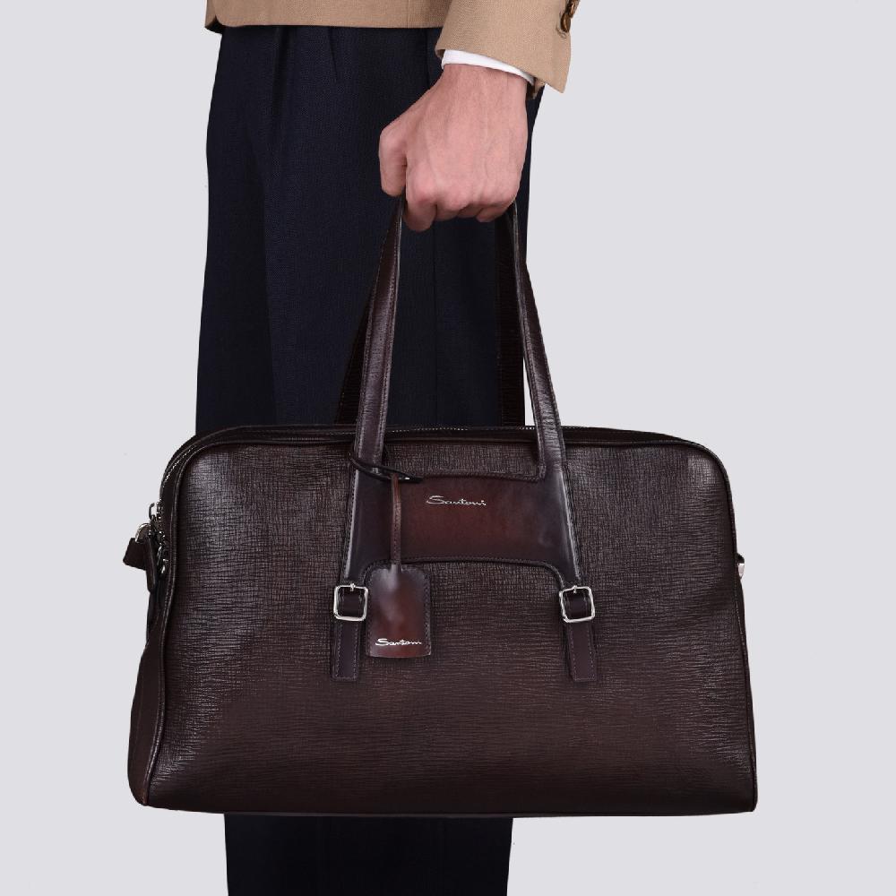 Santoni Borsa da viaggio in pelle stampata marrone Offerta Giorno del Papà