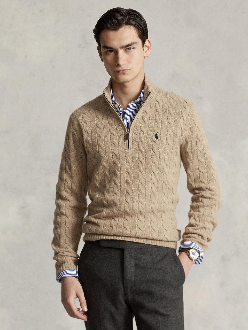RALPH LAUREN Maglia Mezza Zip a Trecce Cammello