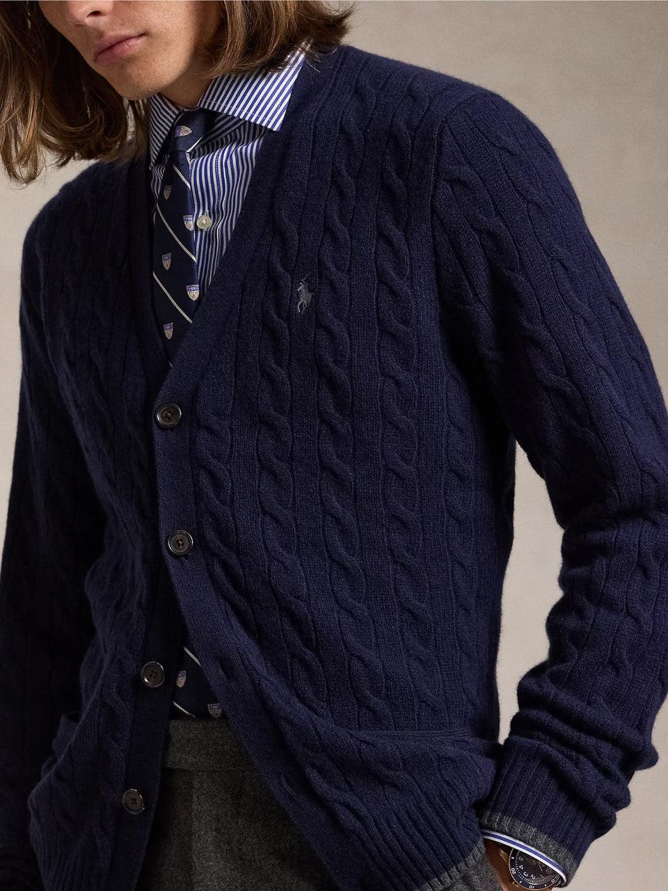 RALPH LAUREN Cardigan in Lana e Cashmere a Trecce Blu Fino Al -60%
