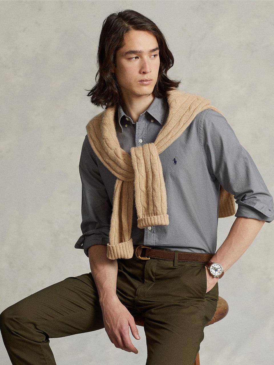 RALPH LAUREN Camicia in Cotone Oxford Slim Filt Grigia Negozi Online