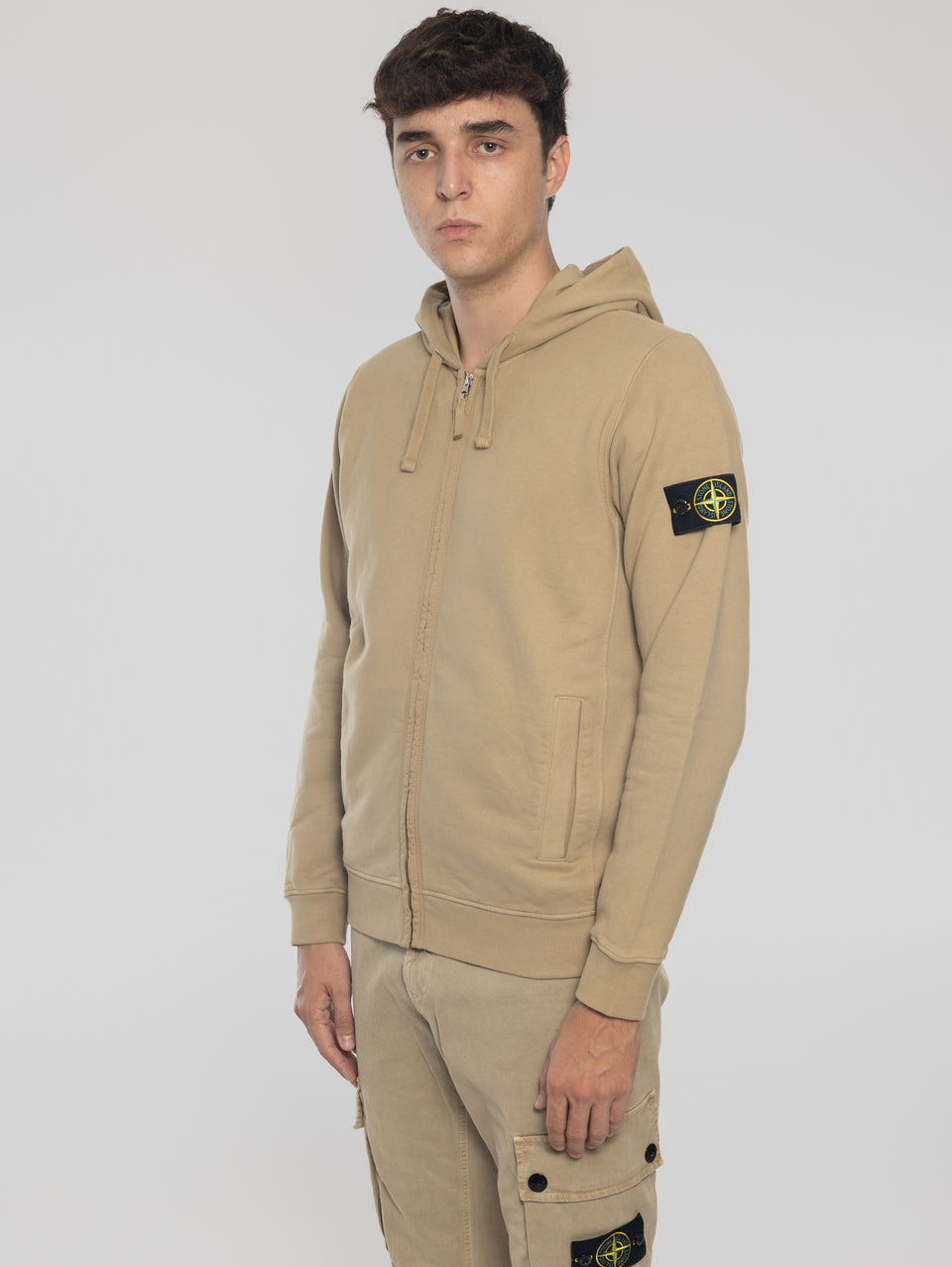STONE ISLAND Felpa Full Zip in Cotone Organico Biscotto Offerte