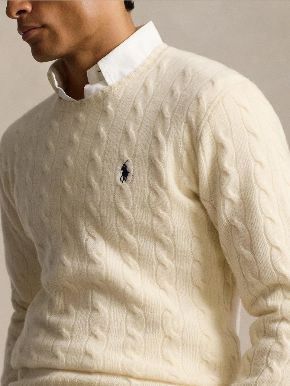 RALPH LAUREN Maglia in Lana e Cashmere a Trecce Crema Promozione Limitata