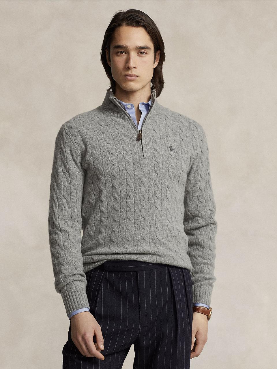 RALPH LAUREN Maglia Mezza Zip a Trecce Grigio