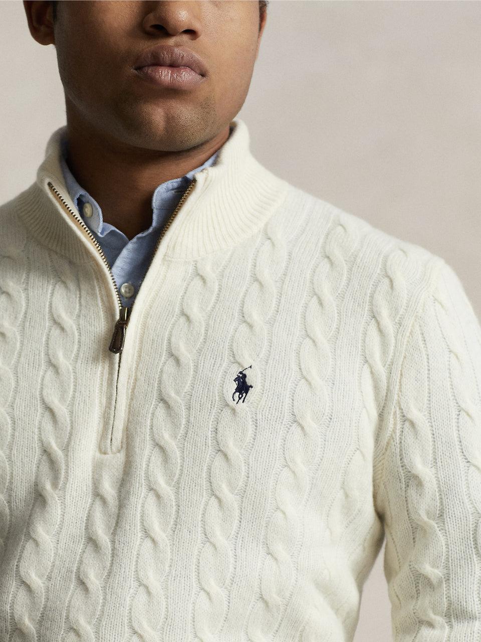 RALPH LAUREN Maglia Mezza Zip a Trecce Crema Economico