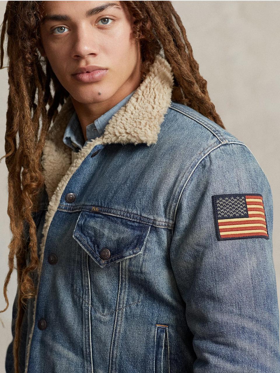 RALPH LAUREN Giacca in Denim con Fodera in Pile Blu Italia