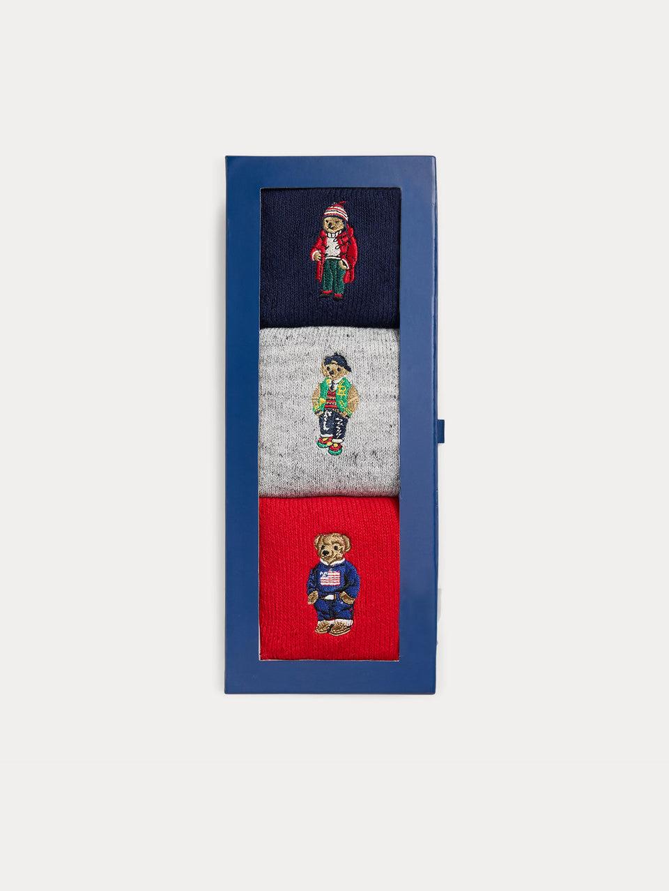 RALPH LAUREN Cofanetto Calze con Ricamo Polo Bear Grigio/Blu/Rosso