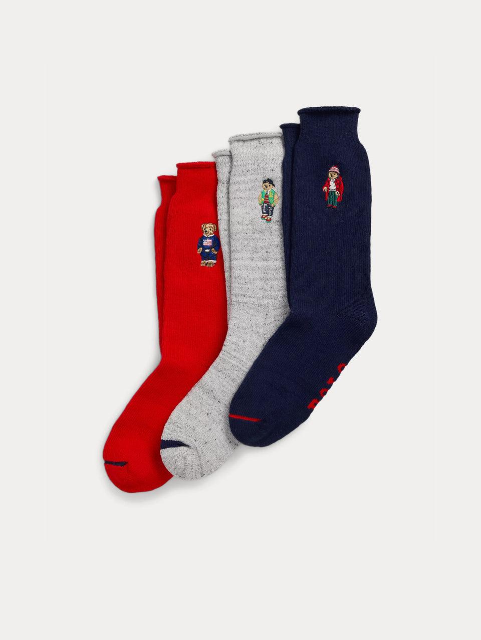 RALPH LAUREN Cofanetto Calze con Ricamo Polo Bear Grigio/Blu/Rosso Soddisfazione Garantita