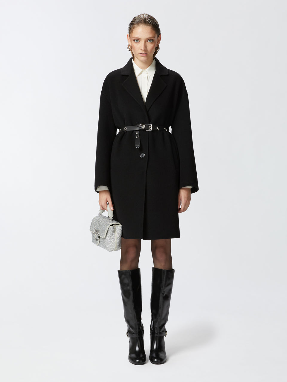 PINKO Cappotto Monopetto in Double di Lana Nero Spedizione Gratuita