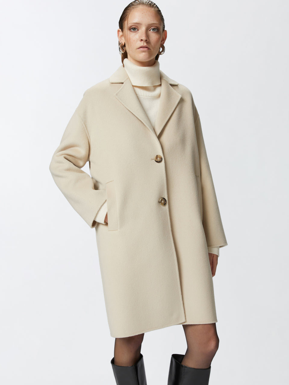 PINKO Cappotto Monopetto in Double di Lana Beige Pezzi Unici