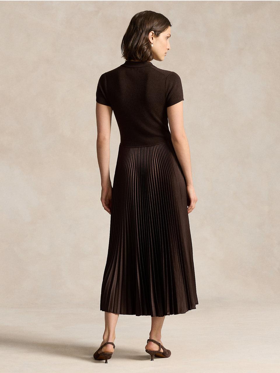 RALPH LAUREN Abito in Maglia con Gonna Plissé Marrone Sconto