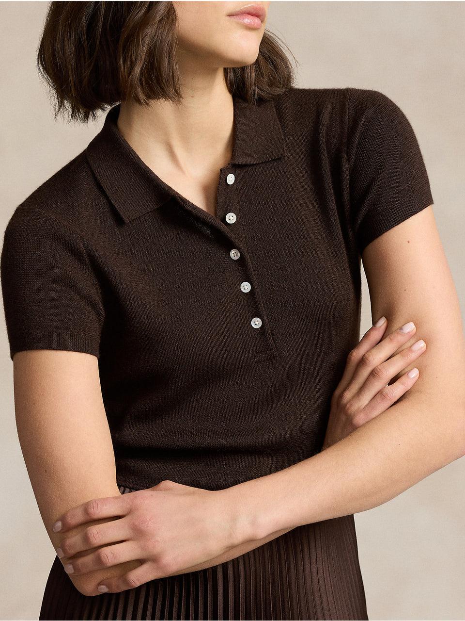 RALPH LAUREN Abito in Maglia con Gonna Plissé Marrone Sconto