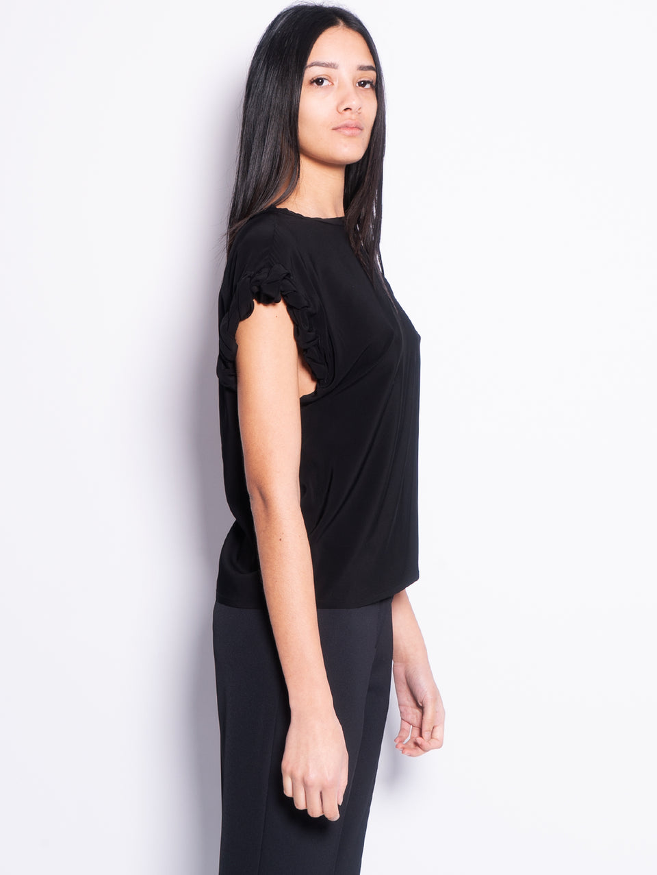 PINKO Blusa Girocollo con Lavorazione sulla Manica Nero Nuova