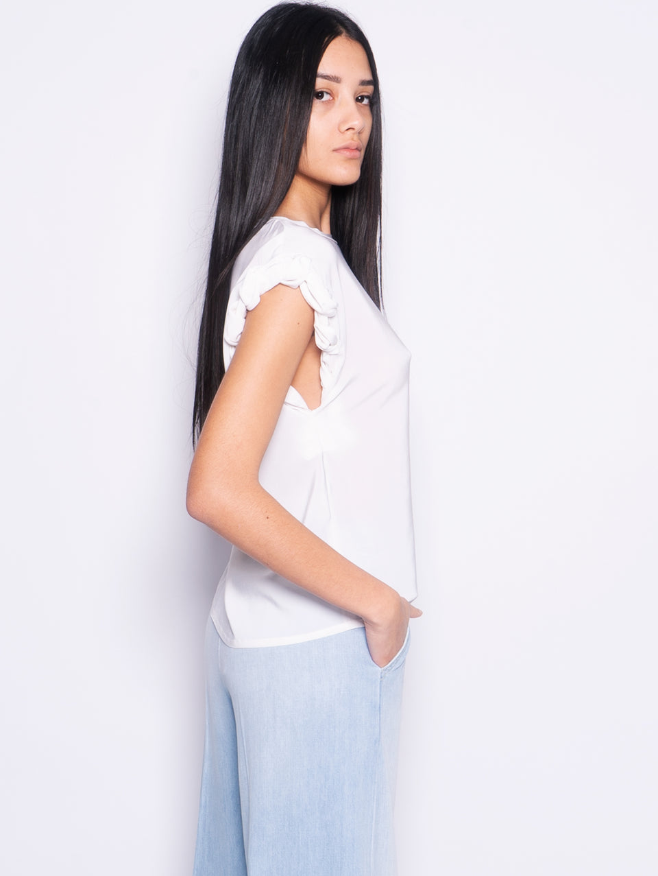 PINKO Blusa Girocollo con Lavorazione sulla Manica Bianco Moda