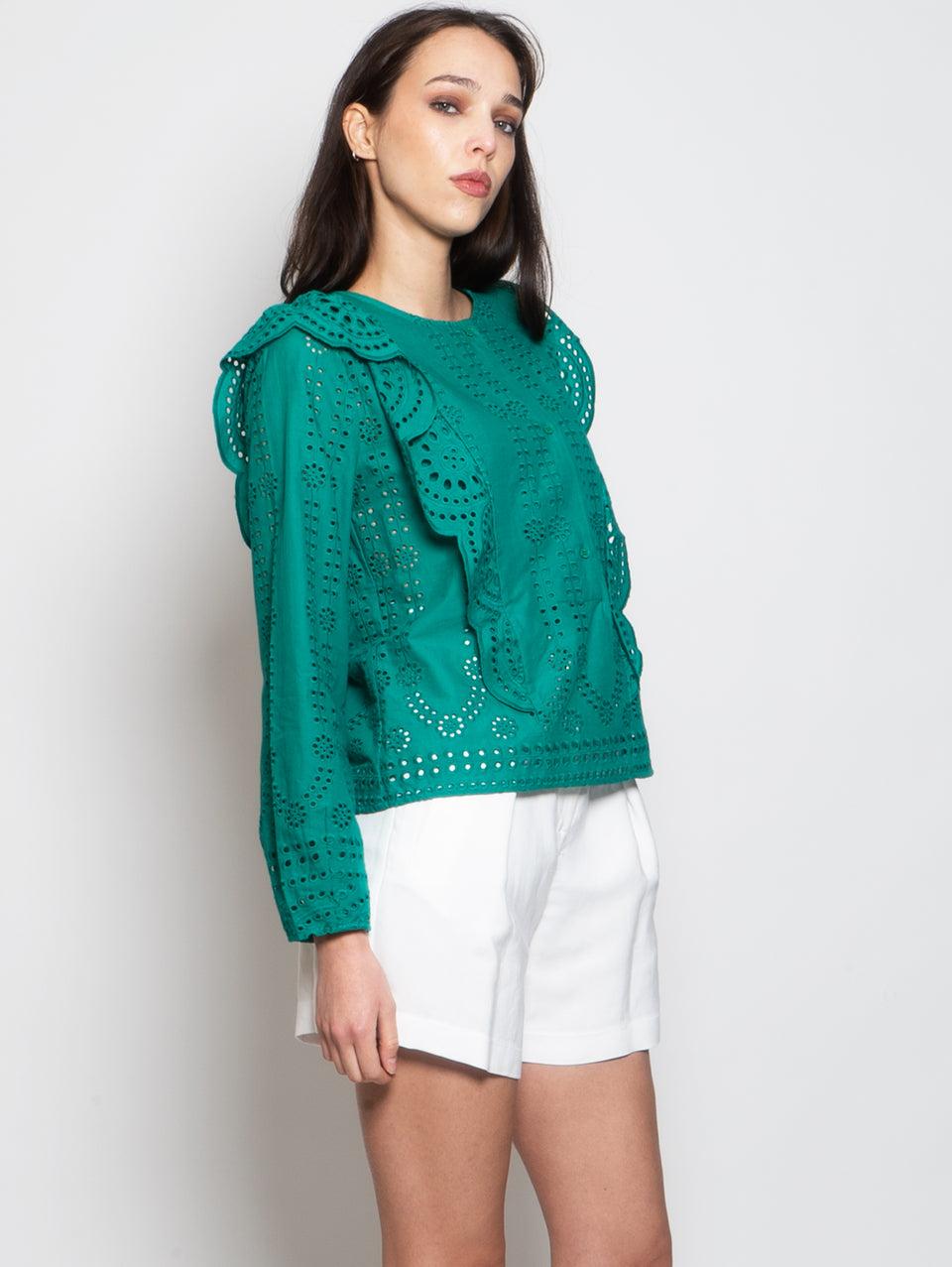 MUNTHE Blusa Girocollo in Cotone con Ricami Verde 2025
