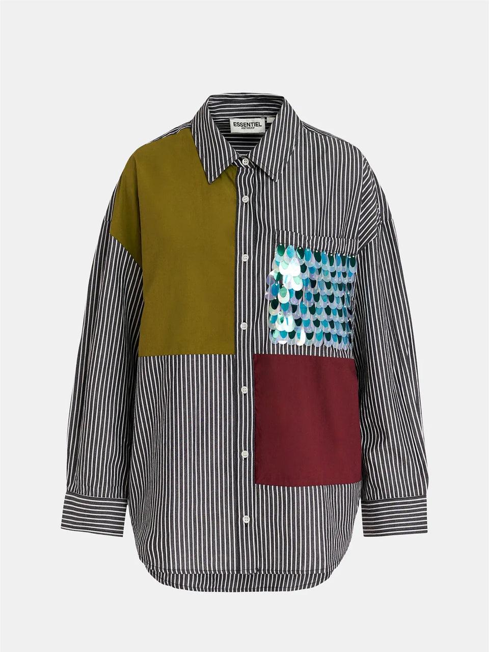 ESSENTIEL ANTWERP Camicia Over a Righe Patchwork Nero Qualità