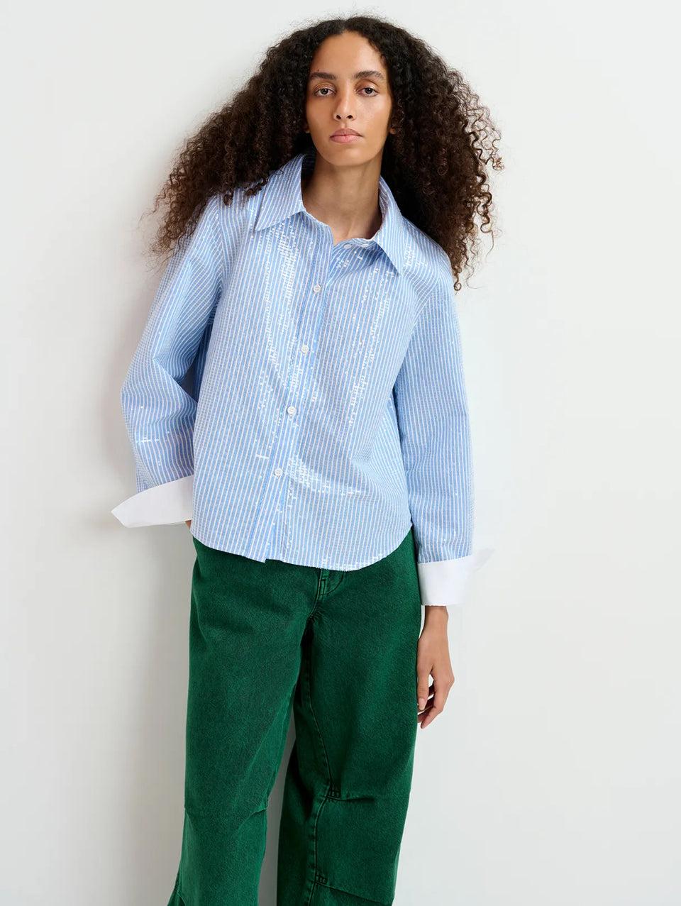 ESSENTIEL ANTWERP Camicia a Righe con Paillettes Bianco/Blu Acquista Ora