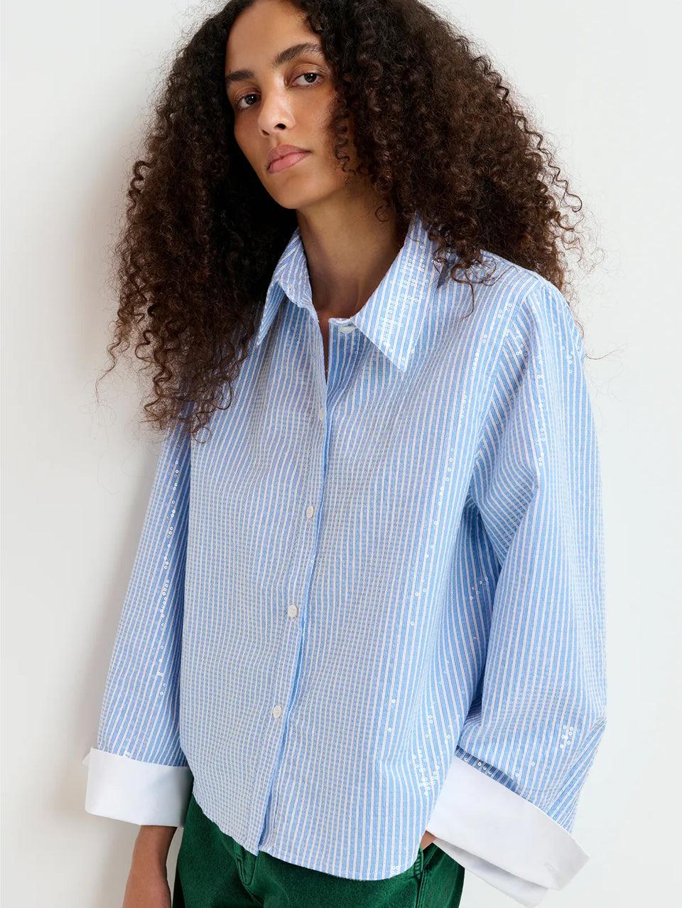ESSENTIEL ANTWERP Camicia a Righe con Paillettes Bianco/Blu Acquista Ora