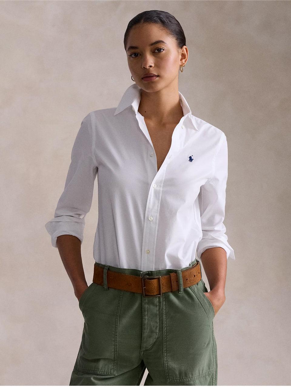 RALPH LAUREN Camicia Slim Fit in Popeline di Cotone Bianco Consegna Veloce