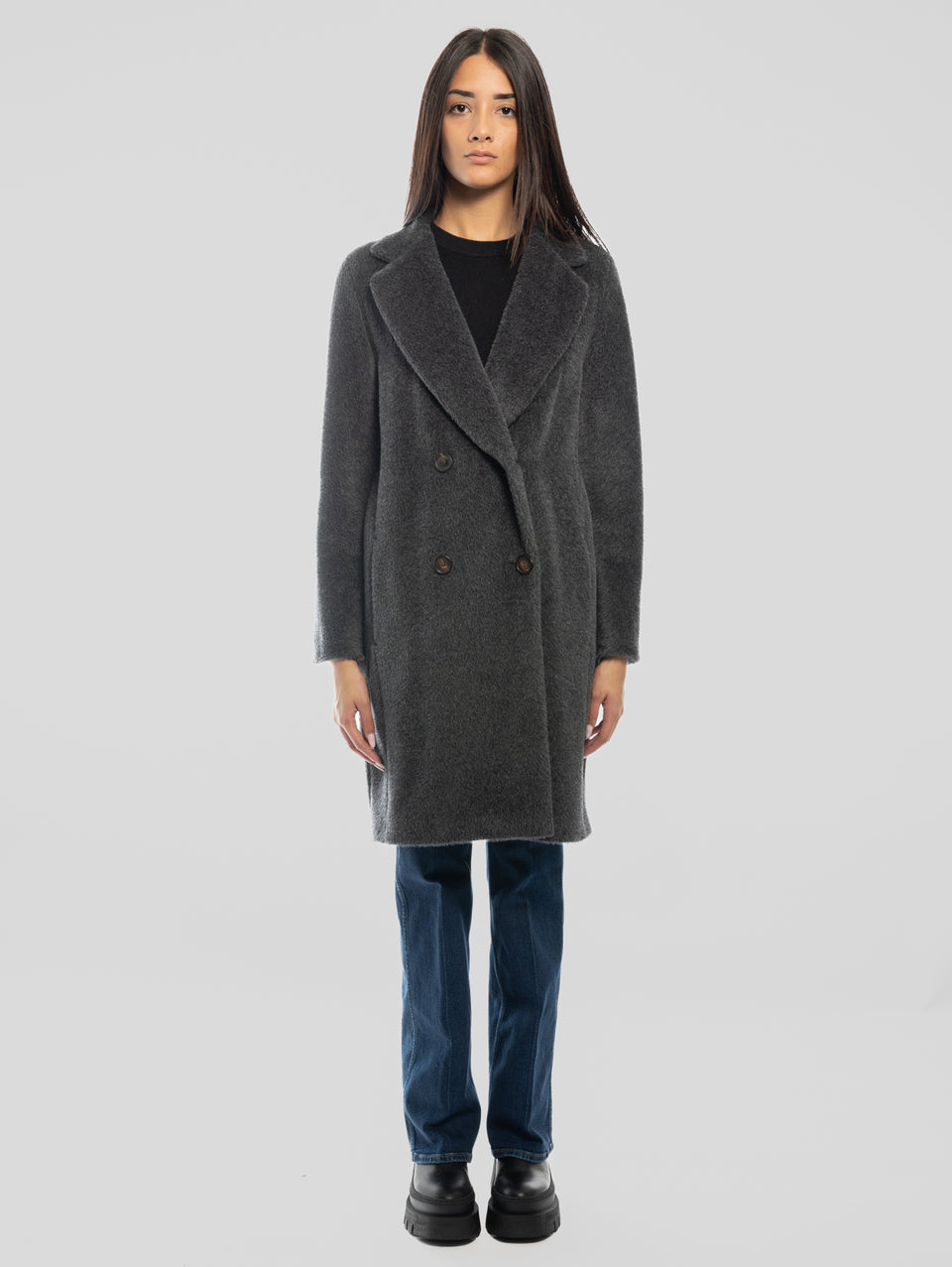 MAX MARA Cappotto Doppiopetto in Alpaca e Lana Roseto Grigio Presa