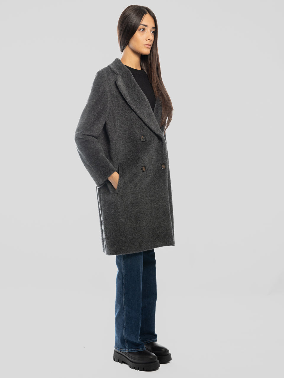 MAX MARA Cappotto Doppiopetto in Alpaca e Lana Roseto Grigio Presa