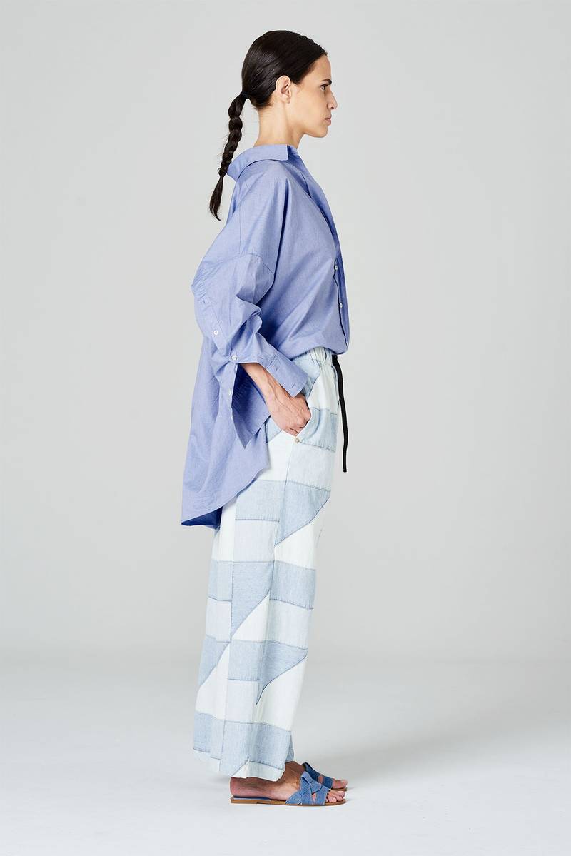 White sand Pantaloni cropped in tessuto patchwork in denim Outlet