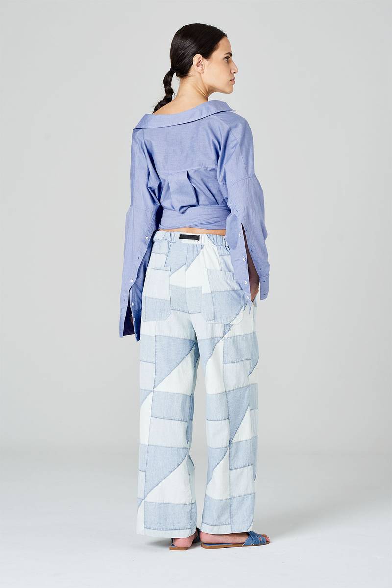 White sand Pantaloni cropped in tessuto patchwork in denim Outlet