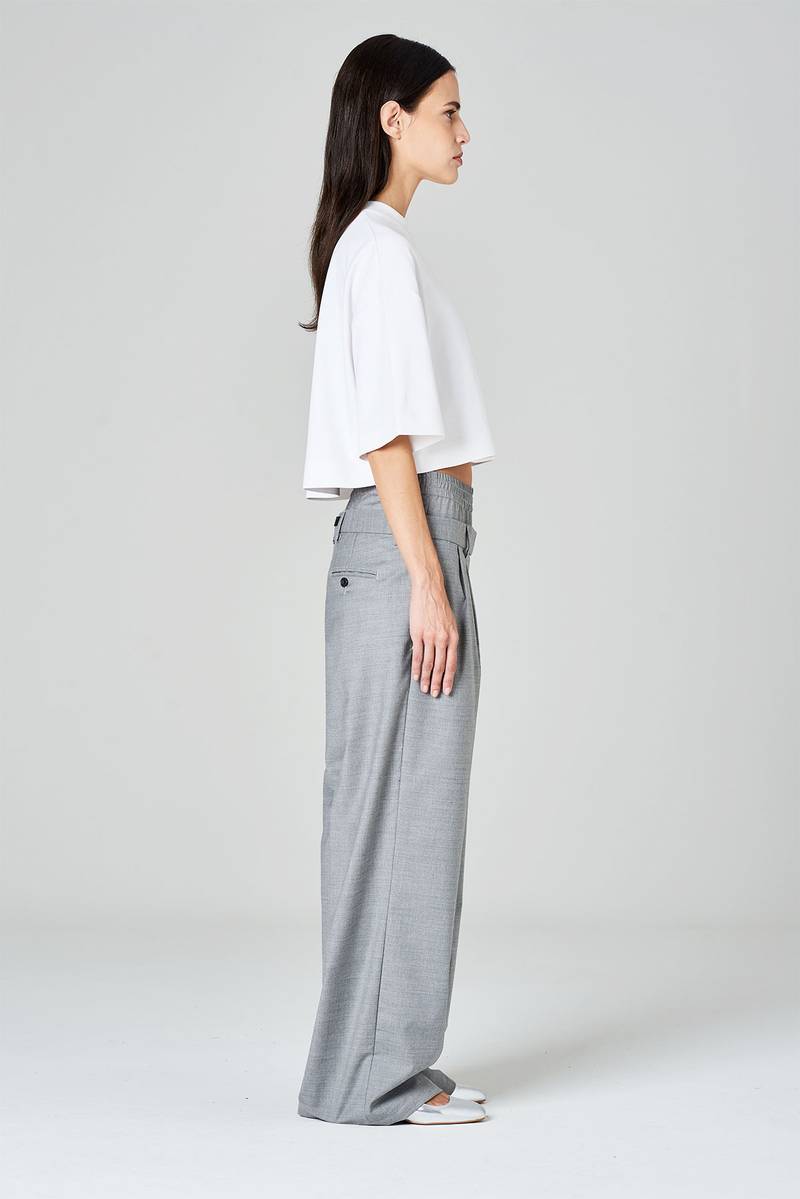 White sand Pantaloni palazzo con pinces e doppia vita in tessuto misto lana Offerte