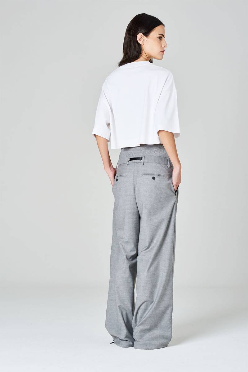 White sand Pantaloni palazzo con pinces e doppia vita in tessuto misto lana Offerte