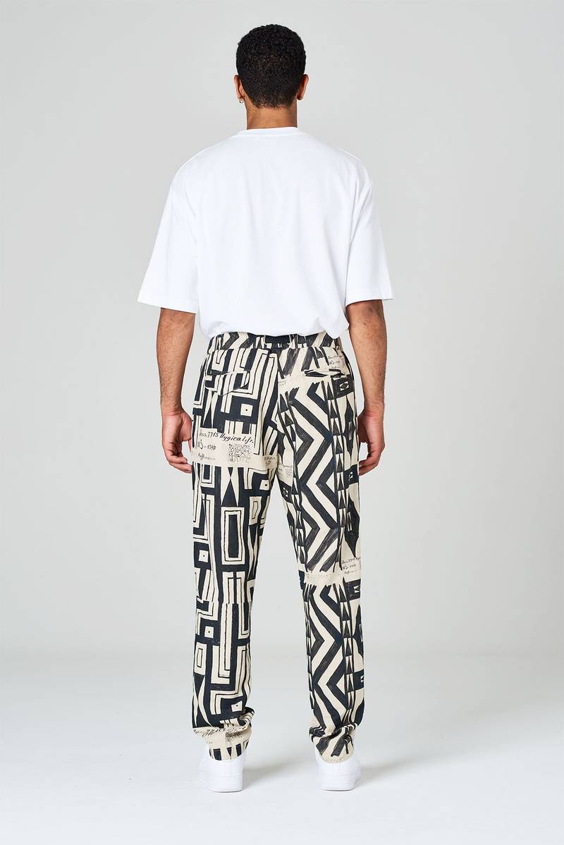 White sand Pantaloni in tela misto cotone-lino stampa geometrica Pezzi Unici