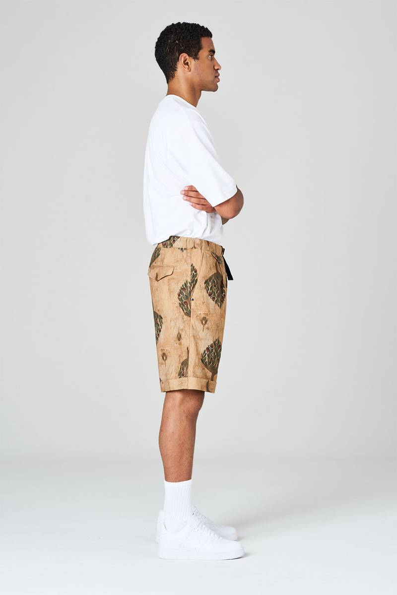 White sand Pantaloni corti in misto lino-cotone stampato con pinces e risvolto Promozione Limitata